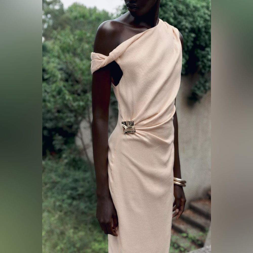 ZARA ASYMMETRIC LINEN-BLEND MIDI DRESS WITH APPLIQUÉ - Picture 3 of 10